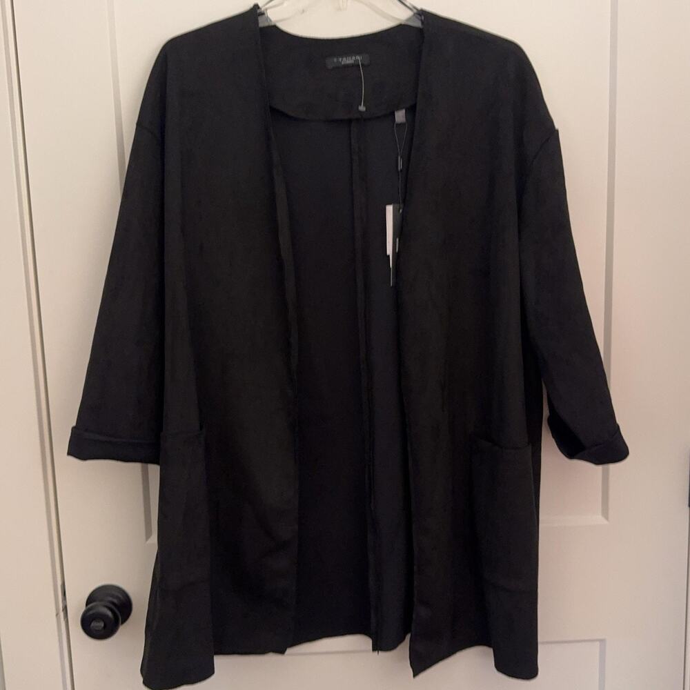 T Tahari Woman Coat Plus 3X Black Faux Leather Open Front Pockets Mid Length